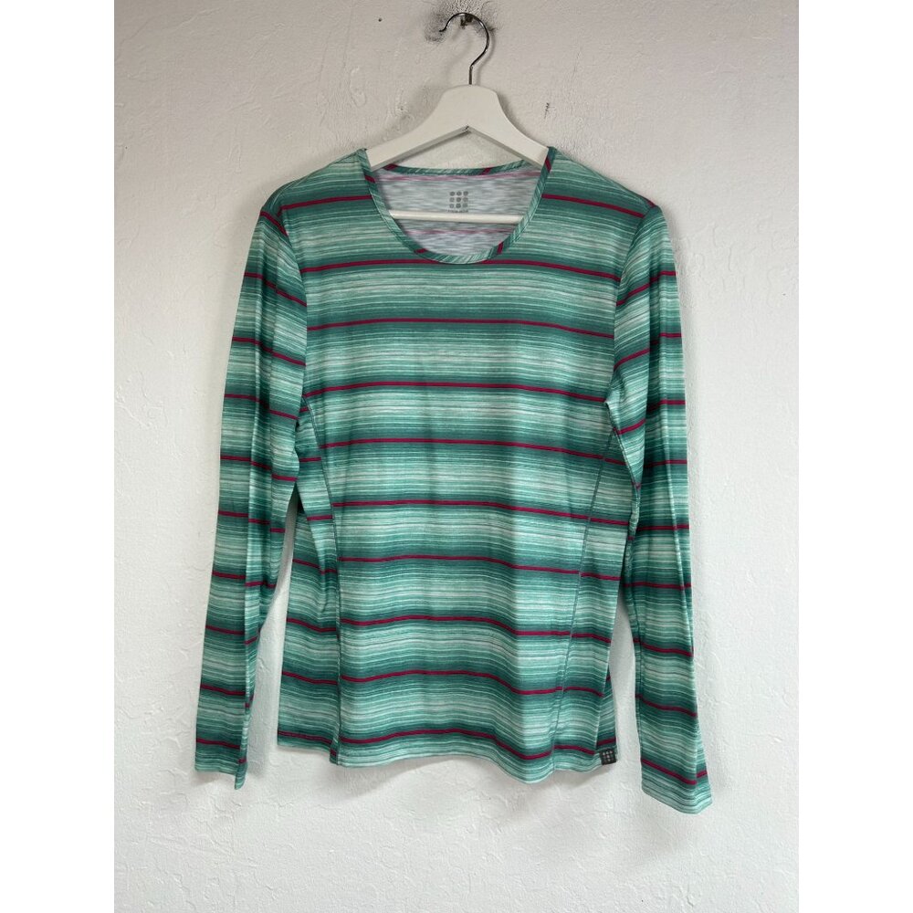 Title Nine Womens Striped Long Sleeve Shirt Size Small Green Stretch Active Top
